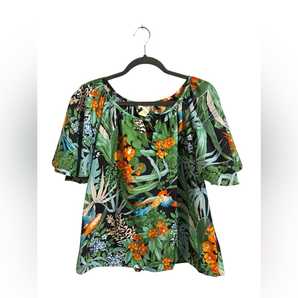 Vintage Hawaiian Palm Green Floral Blouse Medium